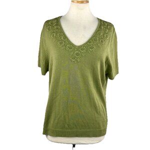 RQT Size XL Womens Sweater Green V-Neck Embroidered Flowers Short Sleeves